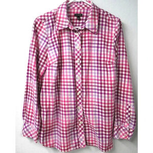 Talbots Womans Pink Purple Checkered Button Down 100% Cotton Sz MED